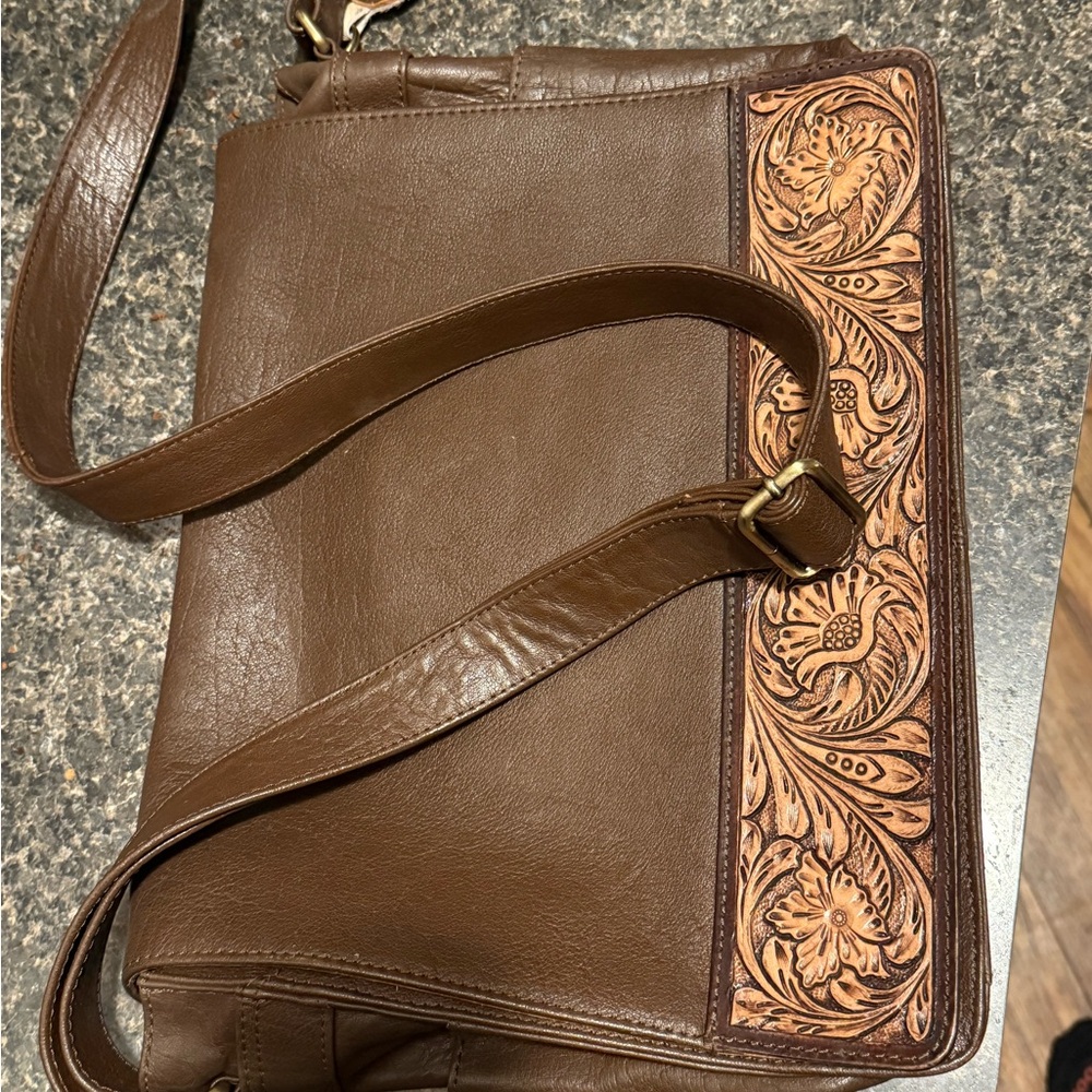 Brown Leather Women's Bag with Floral Design